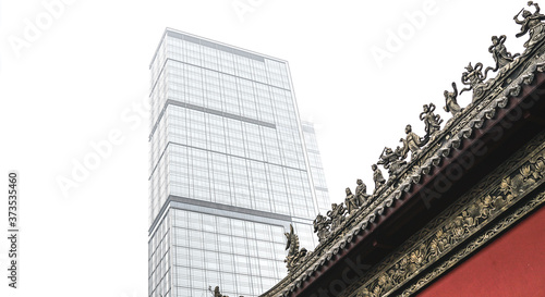 Chengdu, China. Daci Temple in Chengdu, Taikoo Li shopping centre, old and modern architecture, soft focus, front facade of a temple photo