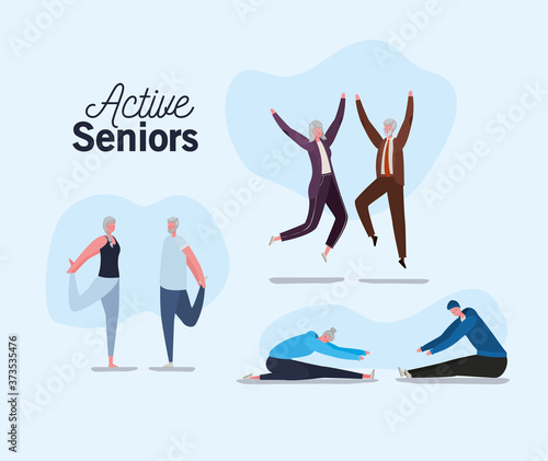 Set of active seniors woman and man cartoons jumping and doing yoga design, Activity theme Vector illustration