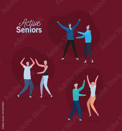 Set of active seniors woman and man cartoons on red background design, Activity theme Vector illustration