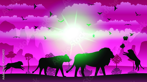 Abstract Pink Sky Gradient Background With Stars Mountains Clouds Birds And Lions Vector Design Style Nature Landscape