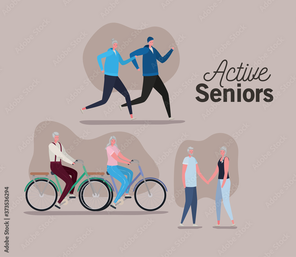 Set of active seniors woman and man cartoons with bikes on brown background design, Activity theme Vector illustration