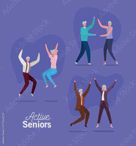 Set of active seniors woman and man cartoons on purple background design, Activity theme Vector illustration