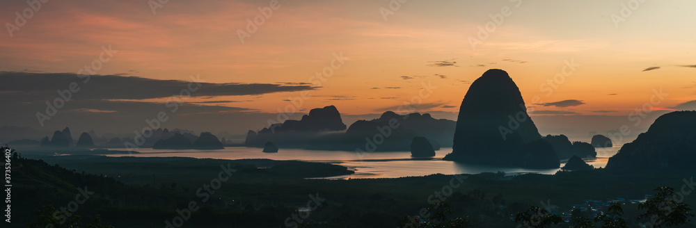Wide panorama beautiful nature scenic landscape Samet Nangshe Phang-Nga bay at sunrise, Panoramic view from hilltop, Attraction famous place tourist travel Phuket Thailand, Tourism destinations Asia