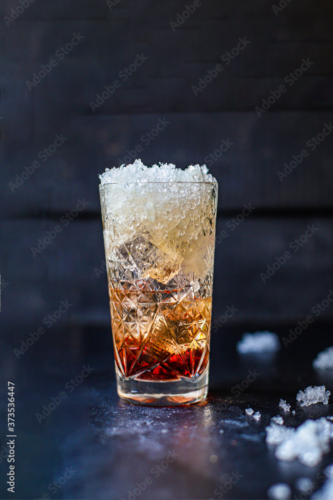 cocktail ice fruit sweet syrup drink, sparkling water tonic alcohol or non-alcoholic beverage food background copy space 