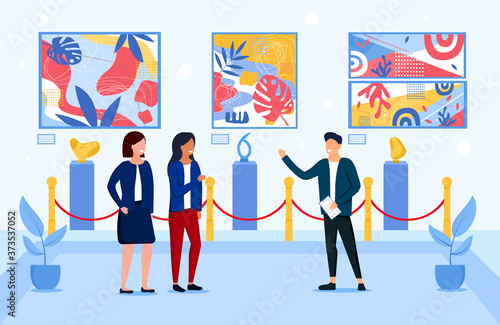 People viewing artwork in a museum discussing paintings on a wall, colored vector illustration