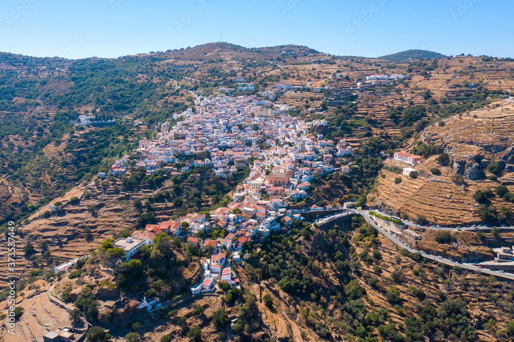 Greece, Kea island. Panoramic aerial drone view of the capital city, Ioulis