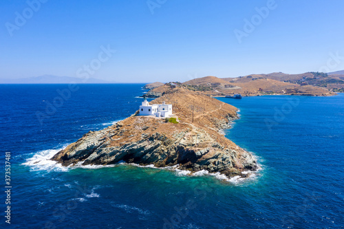 Aerial view of Kea Tzia island lighthouse, Cyclades, Greece.