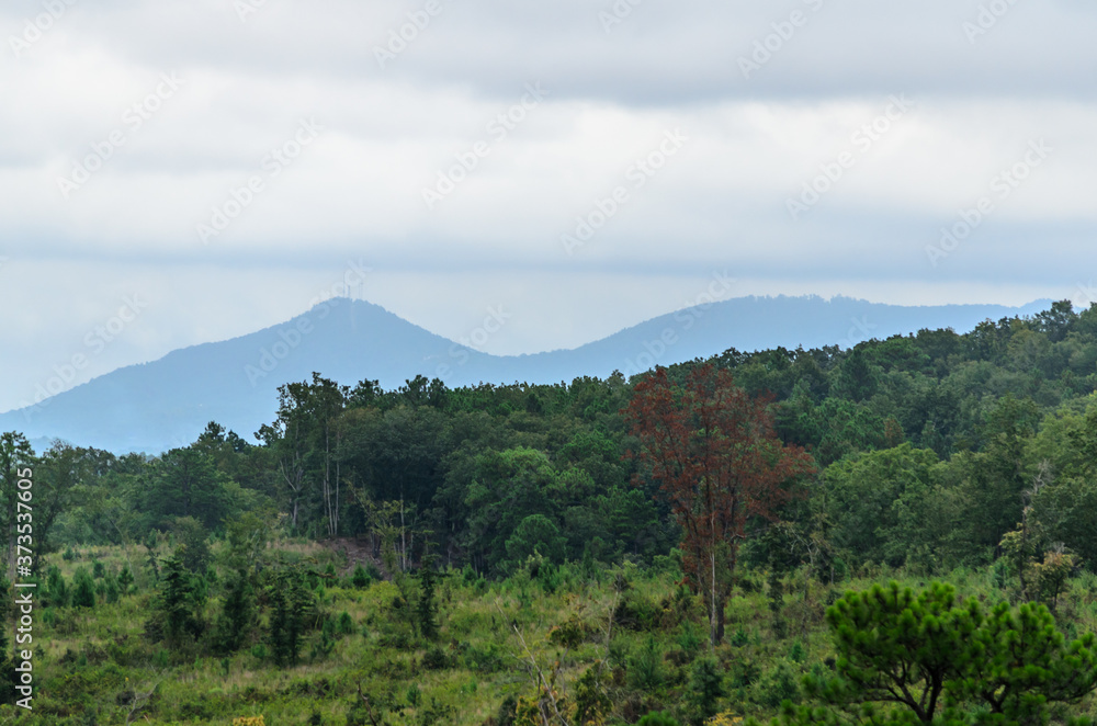View of valleys and hills in the distance from the Anniston Eastern Bypass in Alabama, USA on a cloudy day