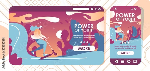 Riding scooter youhg girl landing page for cross platform devices. Vibrant colors sport and extreme lifestyle design