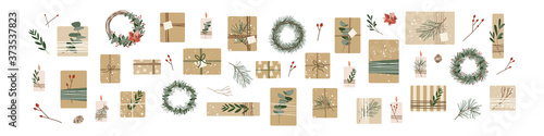 Set of different christmas presents in kraft paper with twine ribbon and wreaths. Rustic gift box. Eco decoration, eucalyptus and spruce. Xmas and New Year celebration preparation. Vector flat style