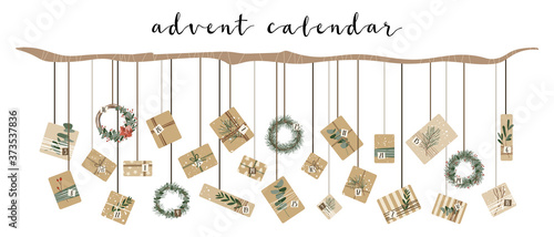 Advent calendar. Hanging christmas presents in kraft paper and wreaths, with numbers 1 to 25. Rustic gift box. Eco decoration. Xmas and New Year celebration preparation. Vector flat style