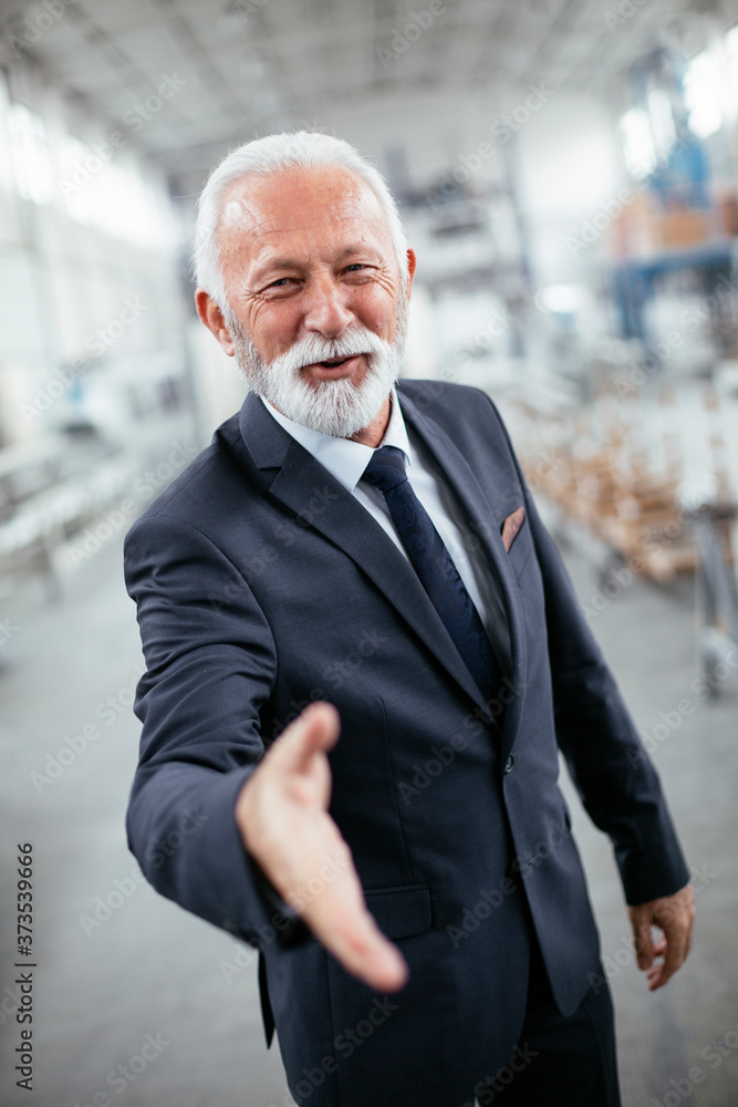 Portrait of handsome businessman. Man handshake in factory... Portrait of handsome businessman. Man handshake in factory...