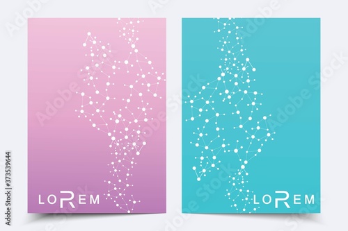 Scientific brochure design template. Vector flyer layout, Molecular structure with connected lines and dots. Scientific pattern atom DNA with elements for magazine, leaflet, cover, poster design.