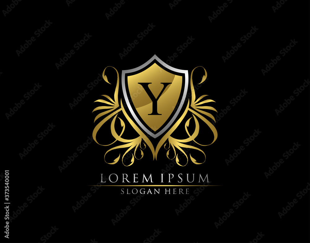 Gold Royal Shield Y Letter Logo. Graceful Elegant gold shield icon design.