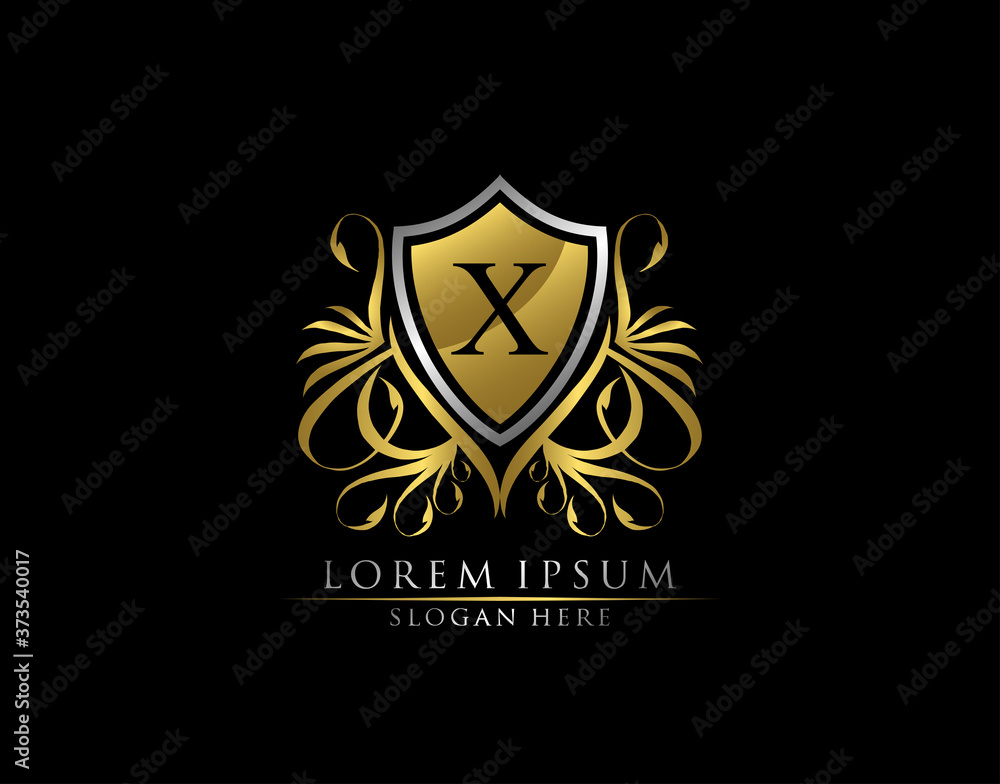Gold Royal Shield X Letter Logo. Graceful Elegant gold shield icon design. Gold Royal Shield X Letter Logo. Graceful Elegant gold shield icon design.