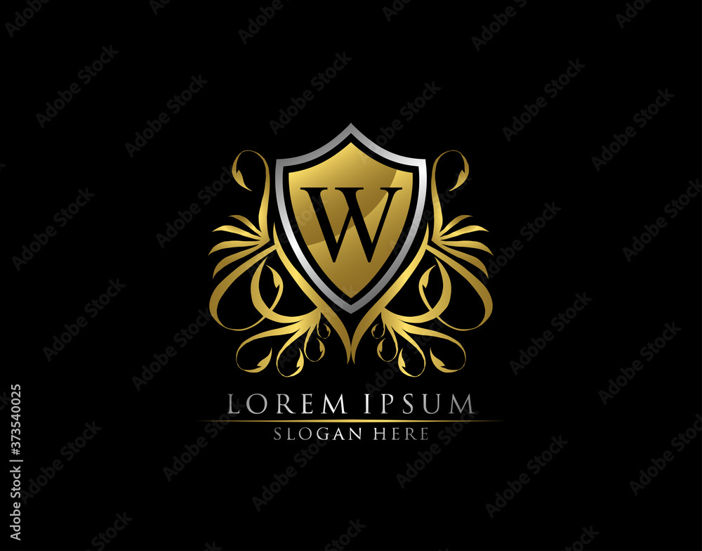 Gold Royal Shield W Letter Logo. Graceful Elegant gold shield icon design. Gold Royal Shield W Letter Logo. Graceful Elegant gold shield icon design.