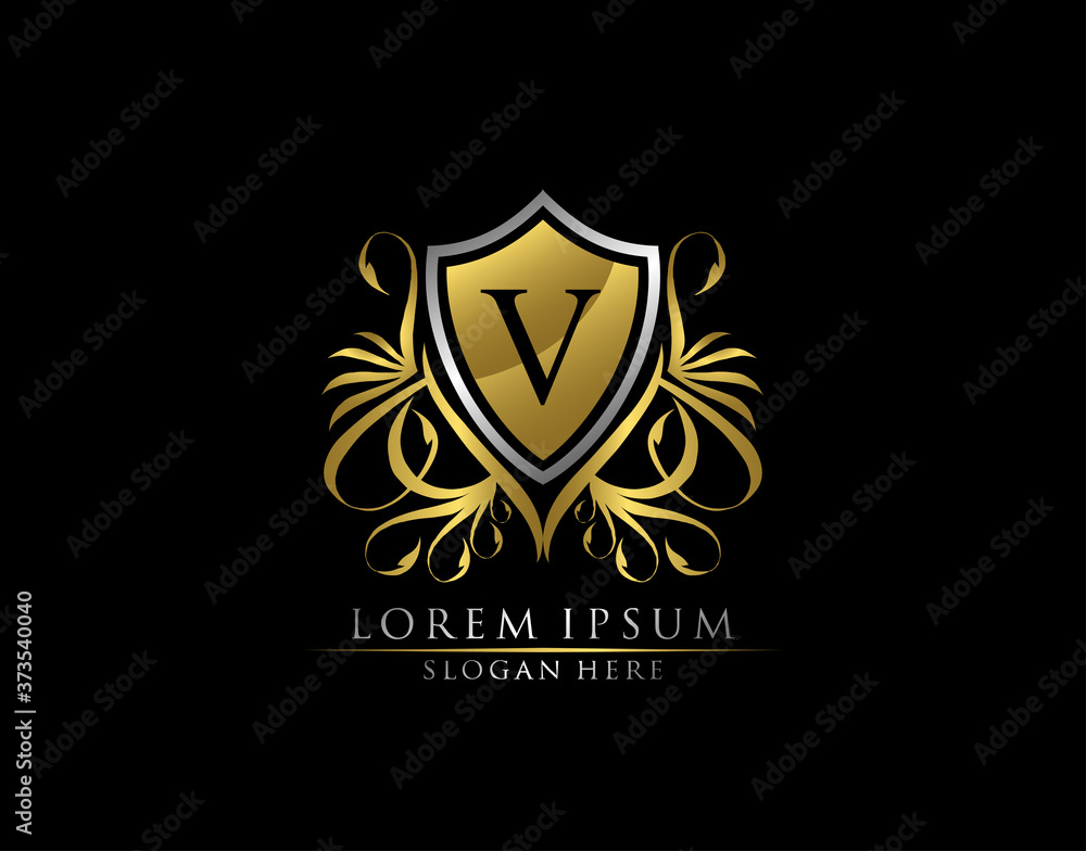 Gold Royal Shield V Letter Logo. Graceful Elegant gold shield icon design. Gold Royal Shield V Letter Logo. Graceful Elegant gold shield icon design.