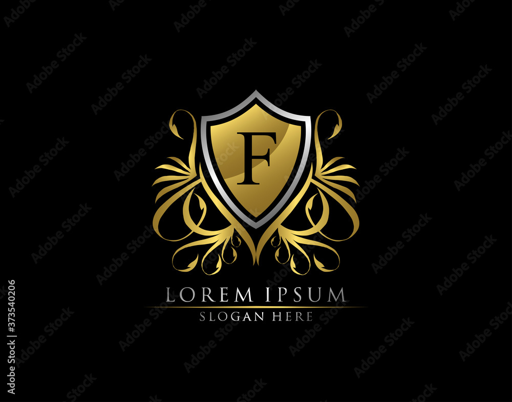 Gold Royal Shield F Letter Logo. Graceful Elegant gold shield icon design. Gold Royal Shield F Letter Logo. Graceful Elegant gold shield icon design.