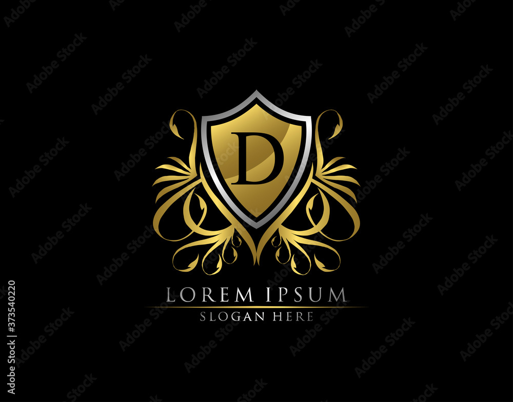 Gold Royal Shield D Letter Logo. Graceful Elegant gold shield icon design. Gold Royal Shield D Letter Logo. Graceful Elegant gold shield icon design.