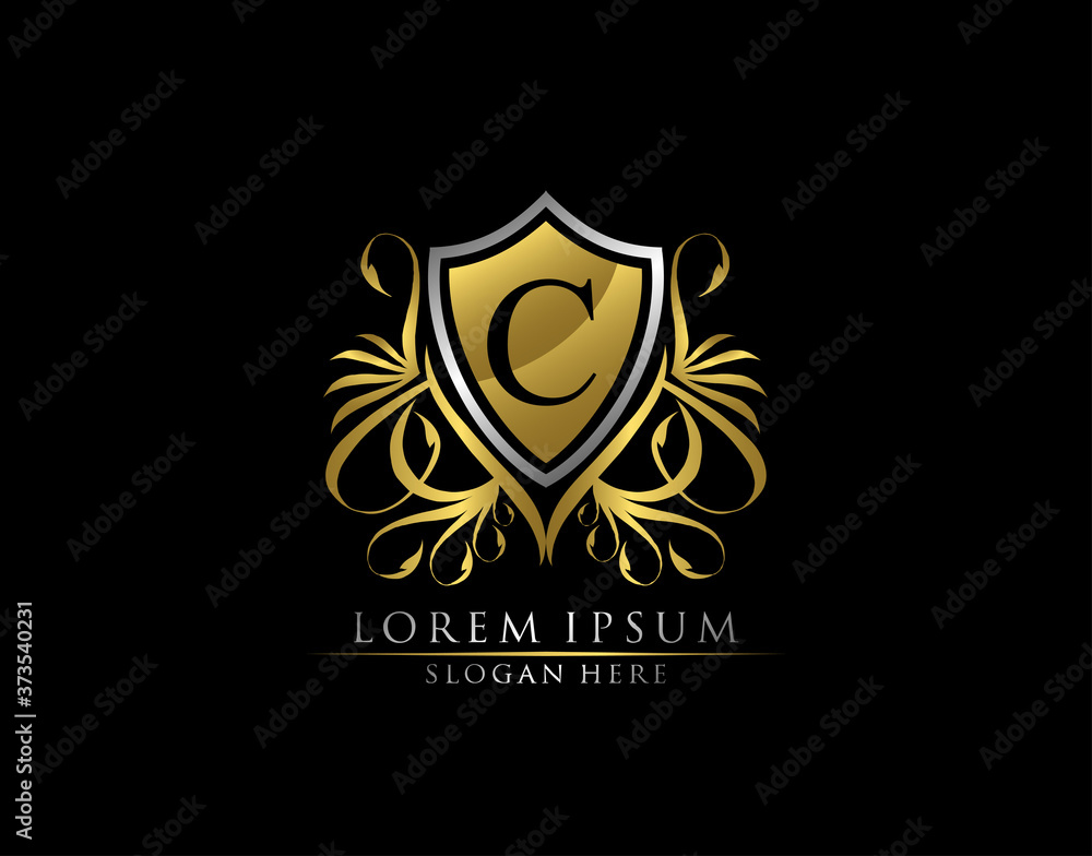 Gold Royal Shield C Letter Logo. Graceful Elegant gold shield icon design. Gold Royal Shield C Letter Logo. Graceful Elegant gold shield icon design.