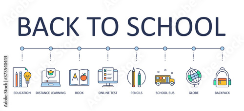 Back to school banner. Vector editable stroke icons. Education online test school bus globe. Distance learning book pencils