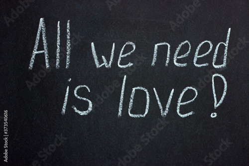  Writing in white chalk on a dark blackboard all we need is love. Life-affirming phrase