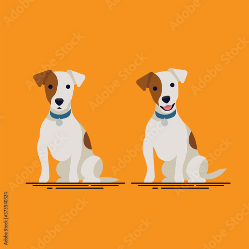 Cute flat vector small dog character design on jack russell terrier sitting with closed and open mouth, wearing blue collar. Ideal for pets themed graphic and wed design