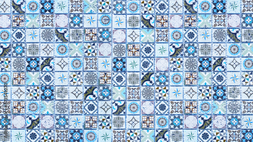 Colorful abstract blue white vintage retro geometric square mosaic motif tiles texture background