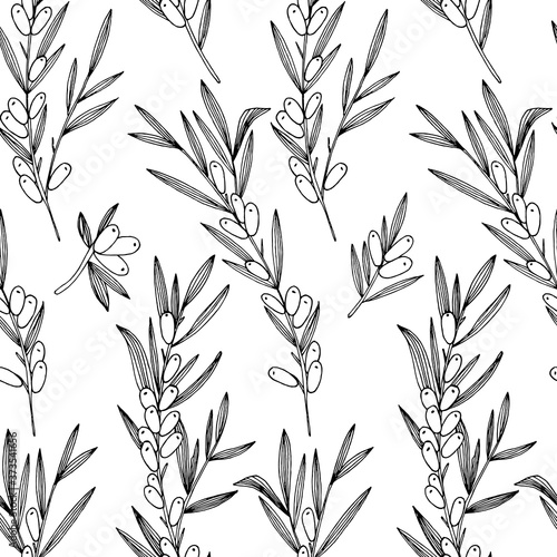 Fototapeta Naklejka Na Ścianę i Meble -  Background from stems and berries of sea buckthorn. A hand-drawn black and white image, icholated on a white background. Idea for fabric, packaging, scrapbooking, children's art.