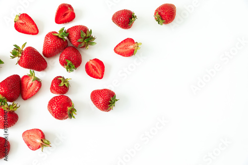 Strawberry isolated on white background. Flat lay. Top view. Summer sweet berries