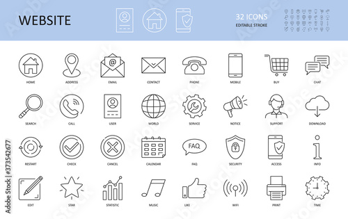 Website icons. Vector editable stroke icon. Home email address world info call search user service. Security contact print mobile notice time phone buy chat wifi support download music statistic check