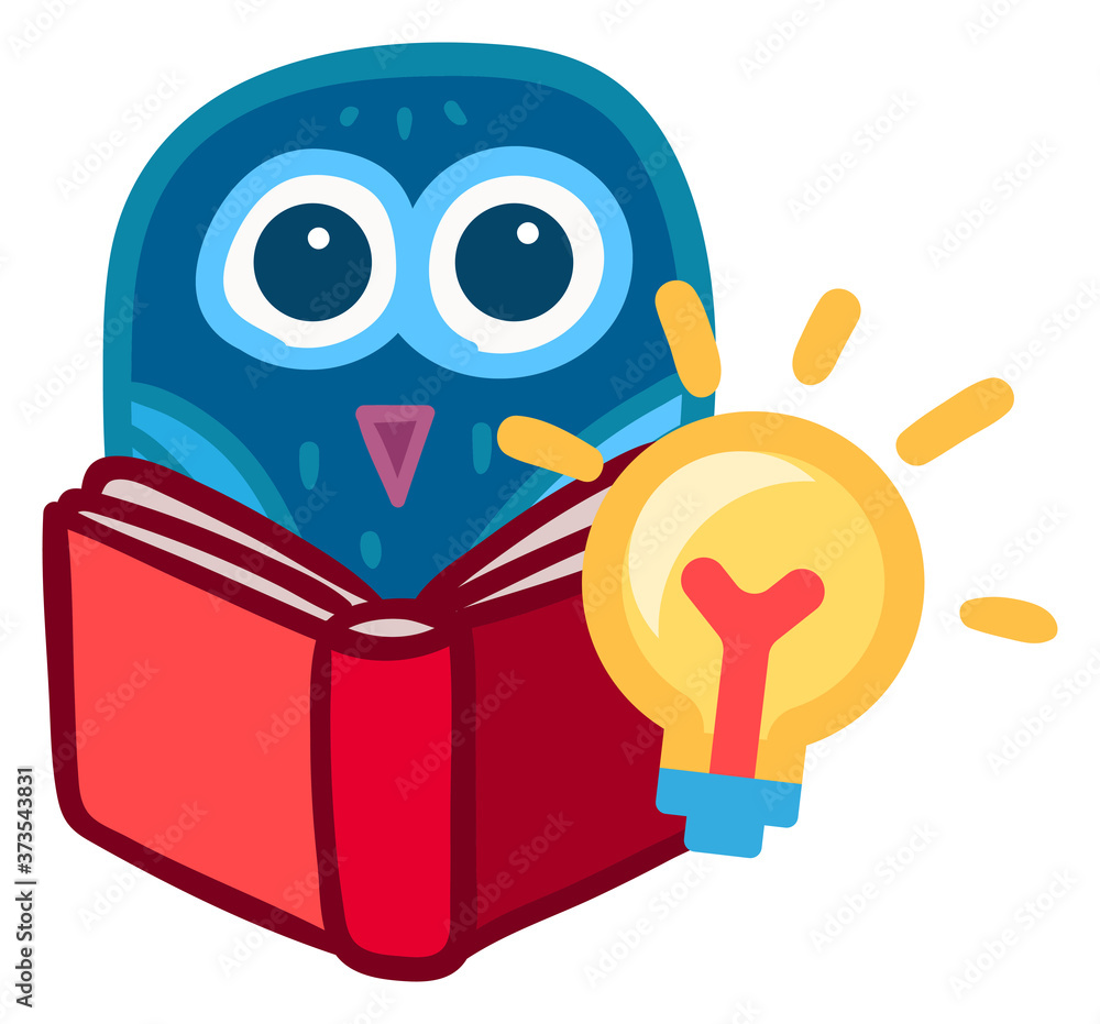 Cartoon owl read book has new idea. School sticker