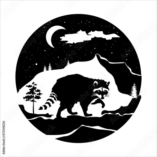 Decorative raccoon with nature, night rocky mountain landscape star and moon.Isolated vintage vector illustration.Tattoo, travel, adventure, symbol of wild nature.Natural spaces.Ecology.