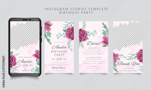 Happy birthday instagram stories template with watercolor floral background