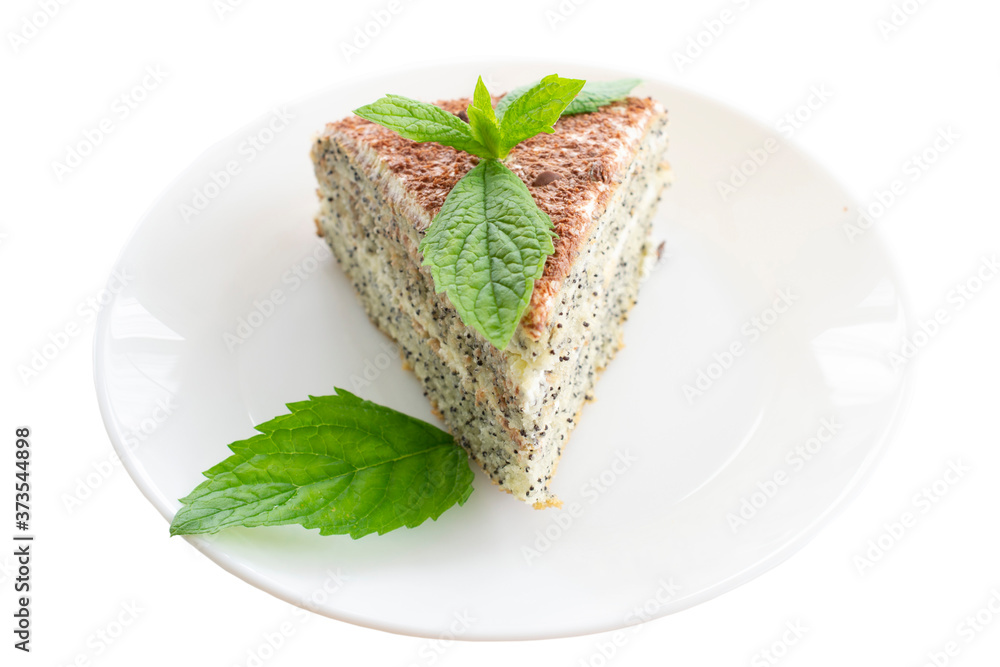 close-up of homemade cake sprinkled with chocolate with mint leaves. close-up of homemade cake sprinkled with chocolate with mint leaves.