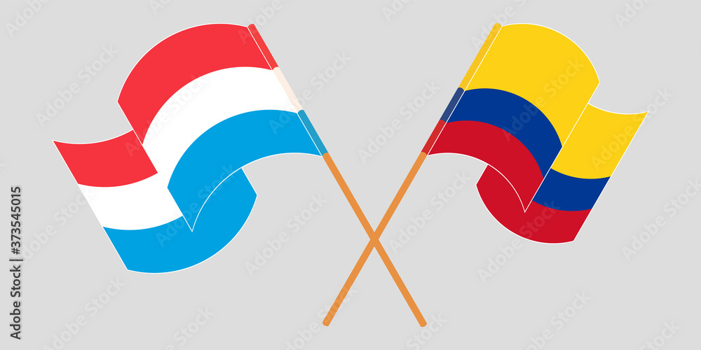 Crossed and waving flags of Luxembourg and Colombia Crossed and waving flags of Luxembourg and Colombia