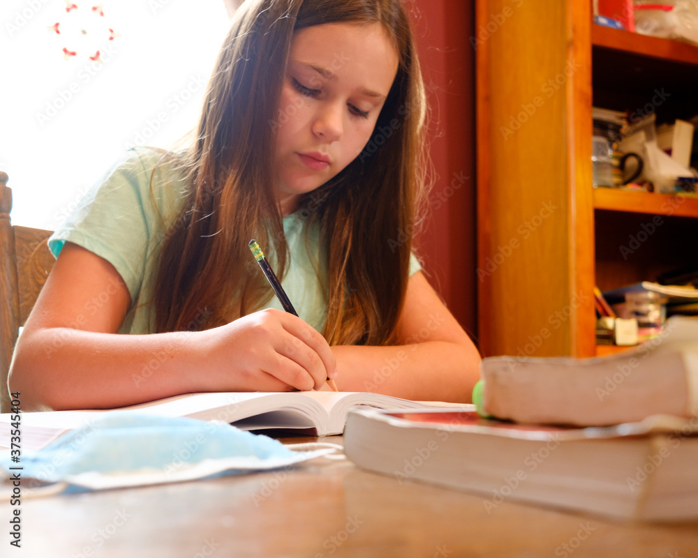 Young girl homeschooling at dining room table. Young girl homeschooling at dining room table.