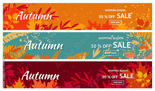 Autumn sale. Banners for 50% Promotion Autumn Discount. Vector falling leaves. For store booklet or web banner.