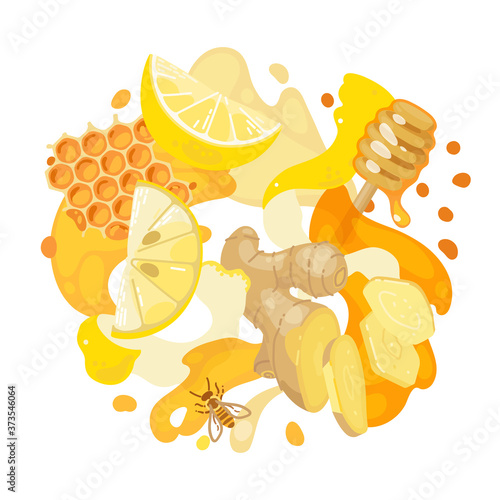 Lemon, ginger and honey on abstract background. Vector illustration