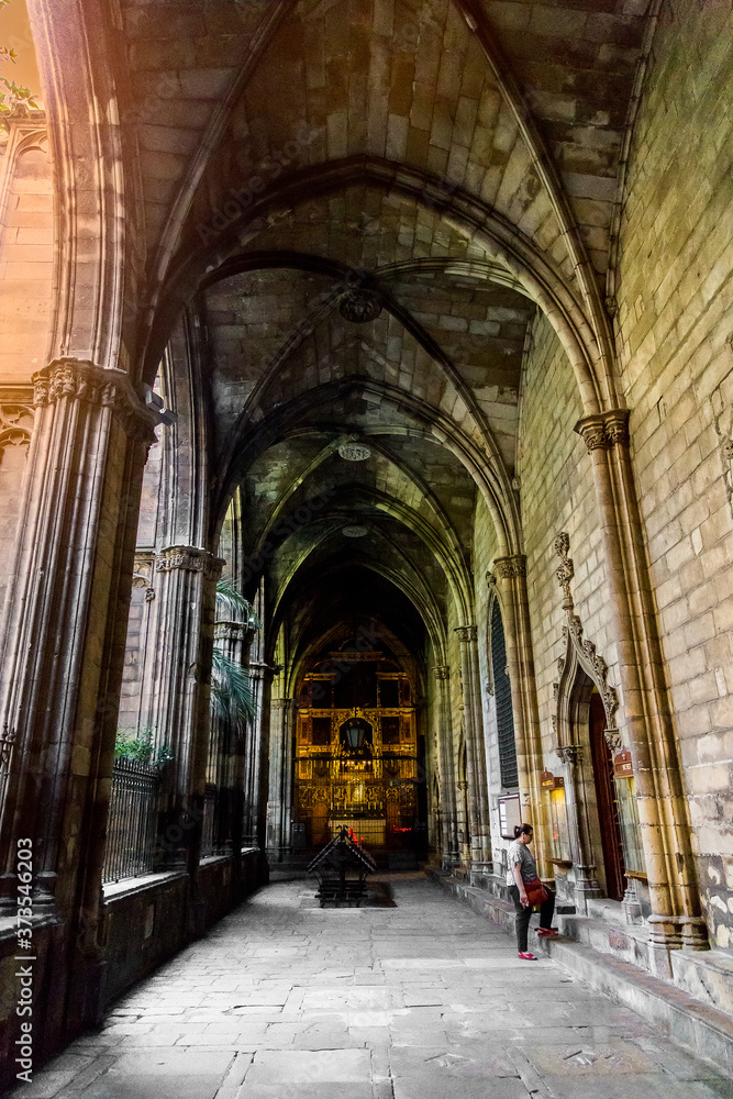 Barcelona, Catalonia, Europe, Spain, September 22, 2019. Awesome interior of the Cathedral of the Holy Cross and Saint Eulalia (Catedral de la Santa Cruz Eulalia). 