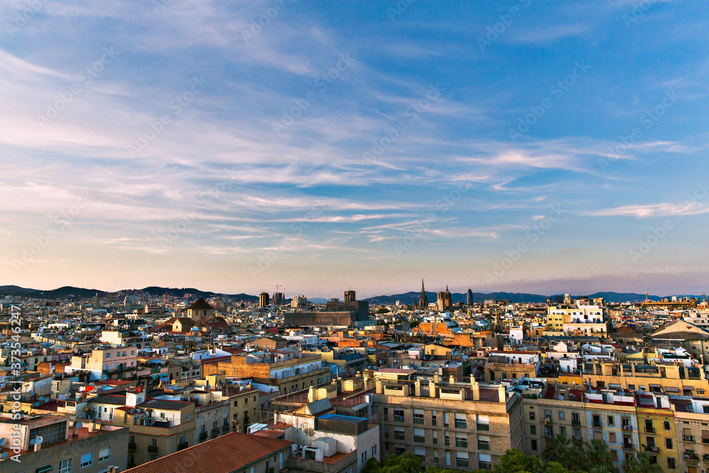 Barcelona, Catalonia, Europe, Spain, September 22, 2019. Top panoramic view of the Barcelona landscape. Historical buildings in the background.
