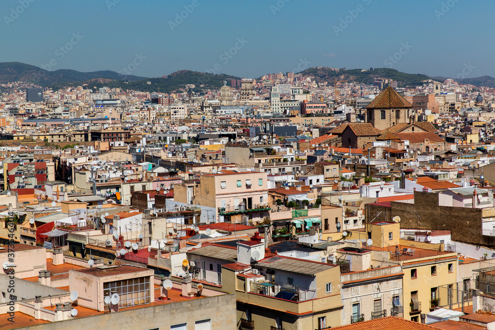 Top panoramic view of the Barcelona landscape. Europe, Barcelona, Spain. Historical buildings in the background.