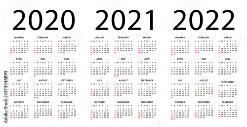 Calendar 2020 2021 2022 - illustration. Week starts on Sunday. Calendar Set for 2020, 2021, 2022 years