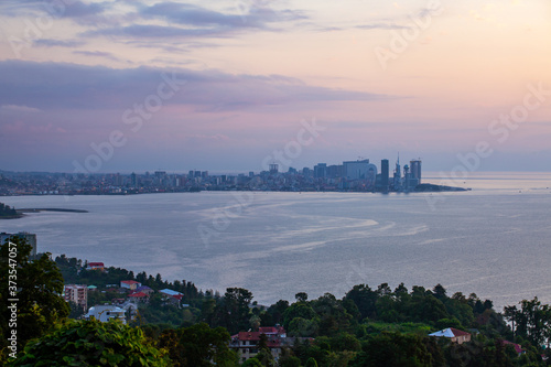 Beautiful view of Batumi from a hill at sunset. Landscape