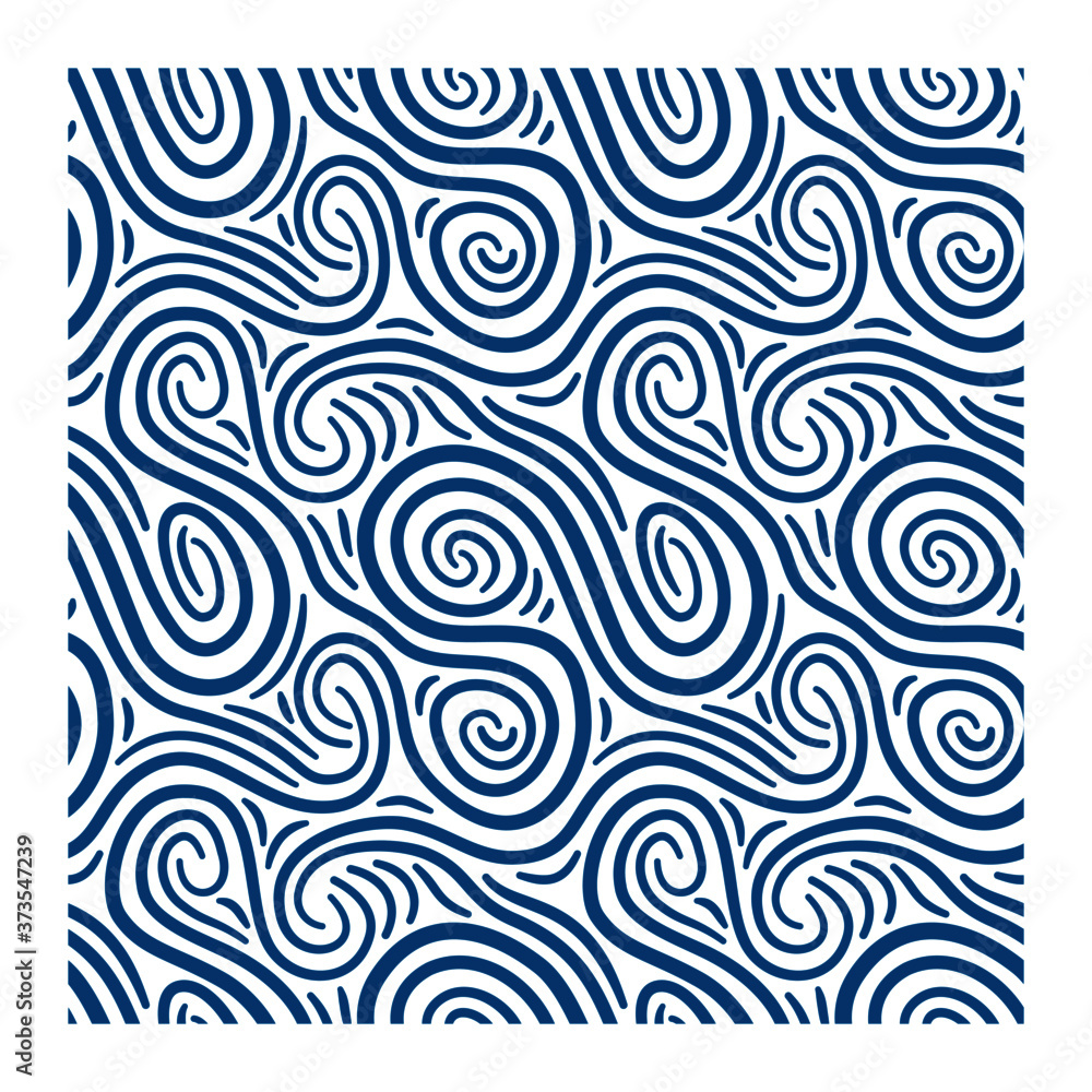 Seamless pattern of blue swirling waves. Design for backdrops with sea, rivers or water texture. Surface design.