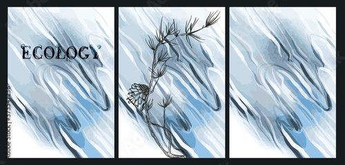 The inscription "ecology" with a forest cone on a beautiful watercolor decorative background. Botanical design. Perfect for postcards, banners, covers, invitations. EPS 10