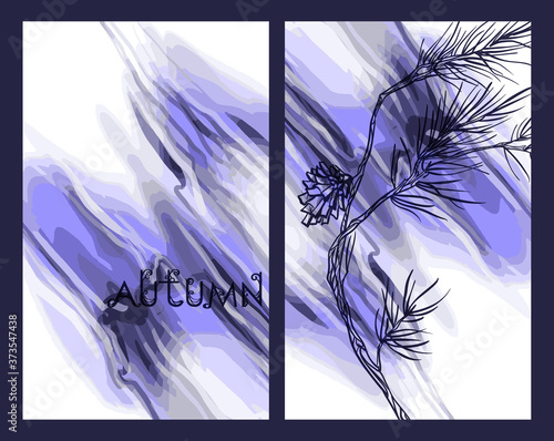 The inscription "autumn" with a forest cone on a beautiful watercolor decorative background. Botanical design. Perfect for postcards, banners, covers, invitations. EPS 10