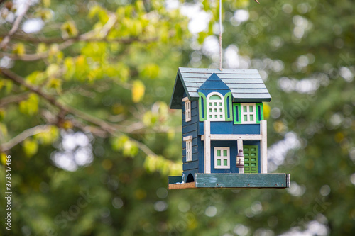 Decorative bird house on tree in summer park