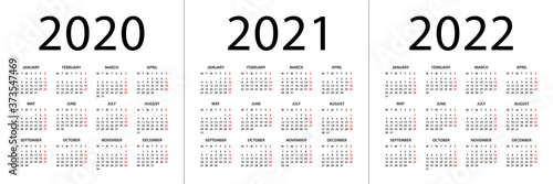 Calendar 2020 2021 2022 - illustration. Week starts on Monday. Calendar Set for 2020, 2021, 2022 years