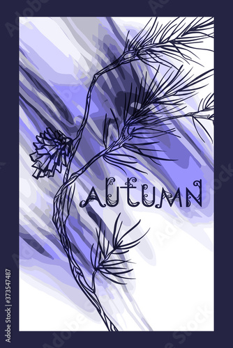 The inscription "autumn" with a forest cone on a beautiful watercolor decorative background. Botanical design. Perfect for postcards, banners, covers, invitations. EPS 10